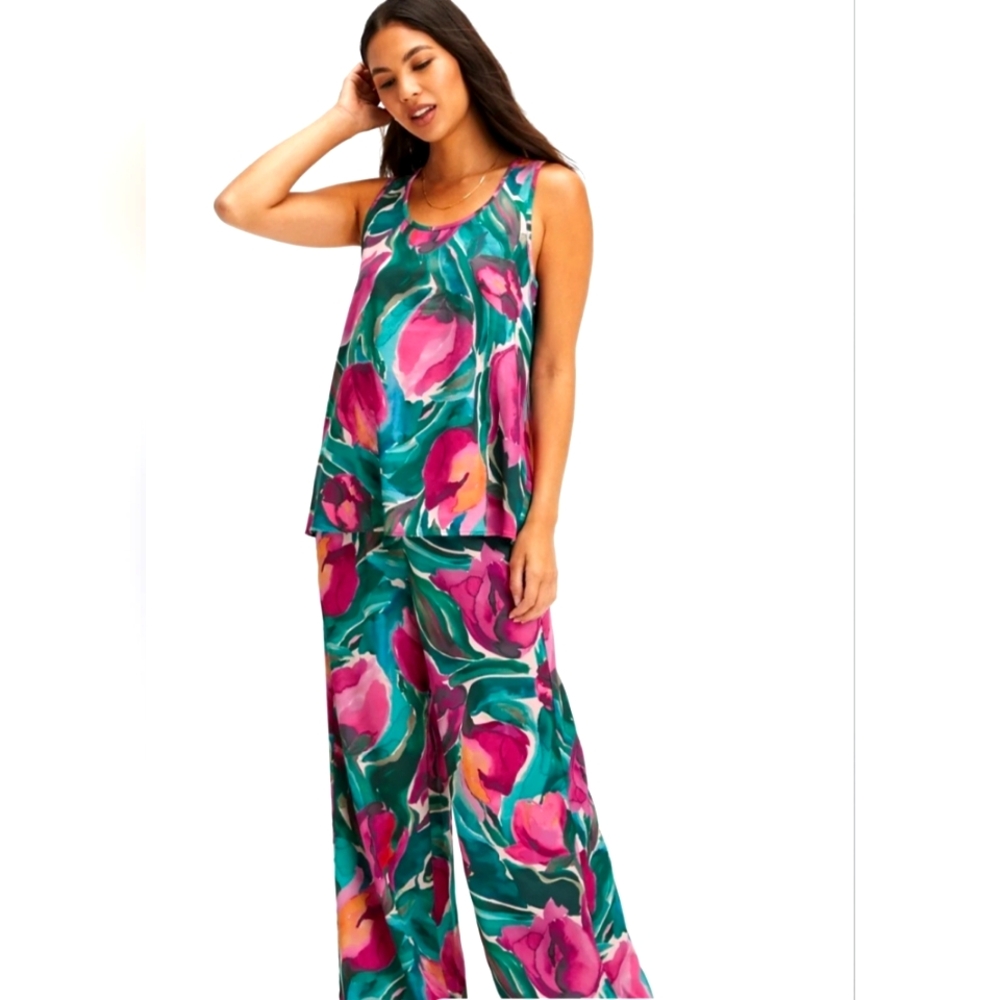 Fabletics Floral EcoSatin Sleepwear Set Silky Tank & Pants Loungewear PJ Pajamas